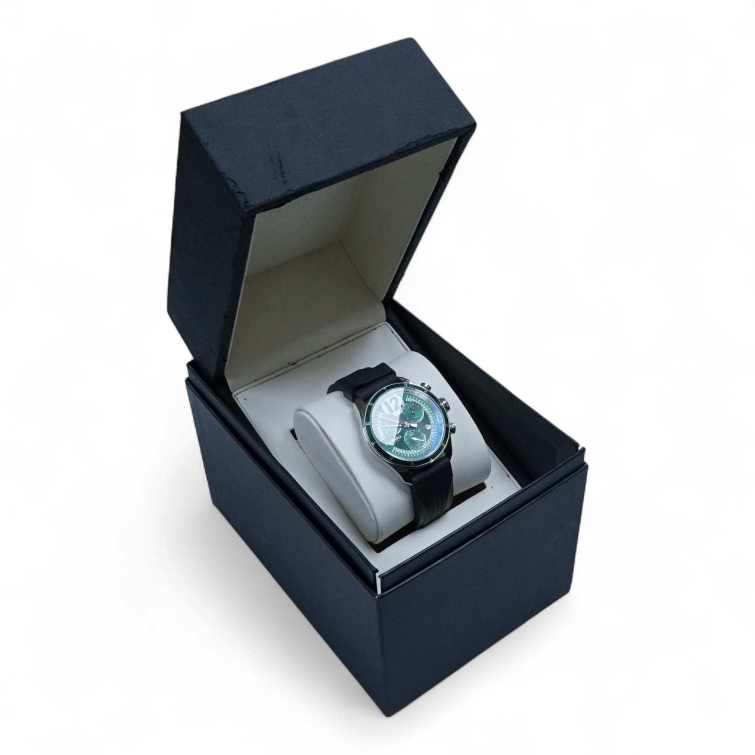 A boxed modern Christopher Ward of London stainless steel C70 Racing Green chronograph wrist watch, limited edition no.306/500, case diameter 42mm, on an Italian rubber strap with Christopher Ward buckle, with pamphlets.